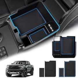 Sunsdrew for 2025 Upgraded Ford Ranger Center Console Organizer,2024 2025 Ford Ranger Armrest Storage Box with 2 Color Mats,Insert Console Tray Ranger Accessories-ONLY FIT Electric Handbrake Version