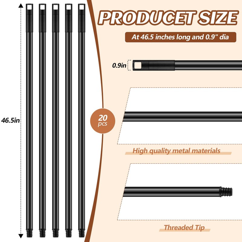 Gisafai 20 Pcs Broom Handle with Threaded Tip Powder Coated