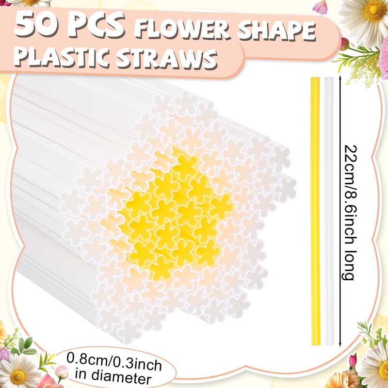 Potchen 50 Daisy Flower Shape Plastic Straws Disposable Drinking Straw
