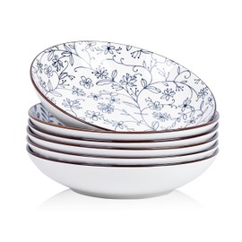 Swuut Ceramic 40oz Pasta Bowls Set of 6,9 inch Blue and White Large Salad Serving Bowl, Microwave and Oven Safe Dinner Dishes(Blue and White)