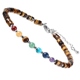 mookaitedecor 7 Chakra Healing Crystal Stone Bracelet for Women Men, Colourful Brown Tiger's Eye Crystal Flat Beads Bracelet Semi Precious Gemstone Stone Jewellery Adjustable Yoga Reiki Link Bangle