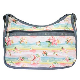 LeSportsac Plumeria Rainbow HAWAII EXCLUSIVE Classic Hobo Crossbody Bag + Cosmetic Bag, Style 7520/Color K879, Tropical Hawaiian Plumeria Flowers, Pastel Watercolors, ‘Hawaii’ on Pattern