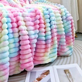 Plush Throw Blanket, Rainbow Tie-Dye Pattern, Super Soft Faux Fur, Pastel Pink Blue Purple, Decorative Cozy Blanket for Couch Bed,Gift for Women (Rainbow, Twin (63" x 77"))