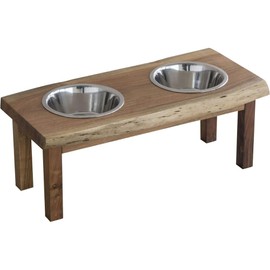 Oakestry Acacia Wood Live Edge Double Bowl Pet Feeder Stand Multi-Pet Feeding Station with Rustic Natural Design Durable Construction and Easy-to-Clean Surface