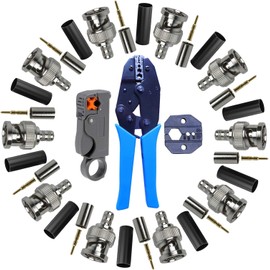 BNC Plug and Crimping Tool Set, Coaxial Crimping Tool with Interchangeable Mandrels, 10 x BNC Crimping Connector RG59 & Coaxial Stripper | For CCTV, Satellite Systems & AV Installations