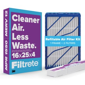 Filtrete 16x25x4 Refillable Air Filter Starter Kit, MPR 1550, MERV 12, 1 Reusable Air Filter Frame & 2 Air Filters, Fits Honeywell & Lennox, Allergen Bacteria & Virus, actual size 15.88 x 24.62 x 4.25