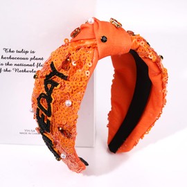 GLBCC Game Day Knotted Headband for Women Pearl Rhinestone Jeweled Wide Knot Headband Football Baseball Basketball Sequin Beaded Game Day Sports Headband Accessories (orange)