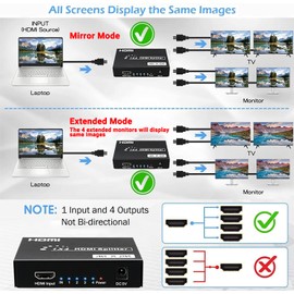 HDMI Splitter 1 in 4 Out, 4K@30Hz 4 Way HDMI Distributor Audio Video Duplicate 4 Monitors, Supports HDCP 3D