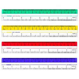Reglas de 8 pulgadas / 20 cm | Regla de plástico transparente | Paquete de 12 reglas de calidad premium | Amarillo, verde, rojo y azul