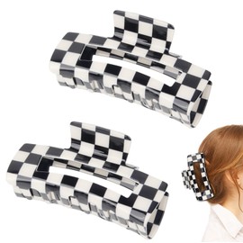 Plaid Hair Clip 2 Pieces Plaid Claw Hair Clip - Black and White Rectangle Square Clips Banana Clips for Thick Thin Hair Jaw Clips Hair Accessories