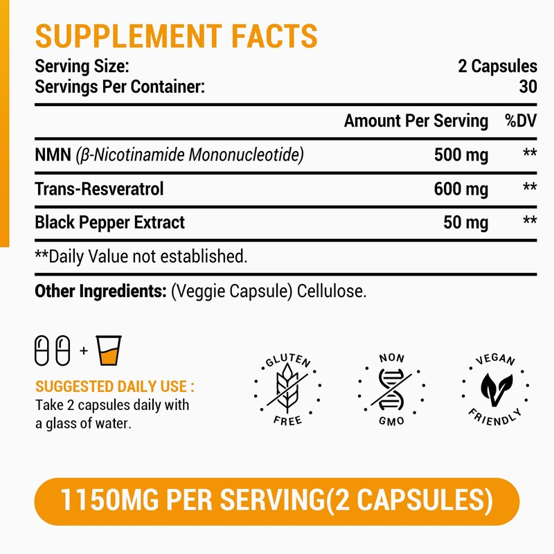 NMN and Trans-Resveratrol 1100mg - with Black Pepper Extract Blend