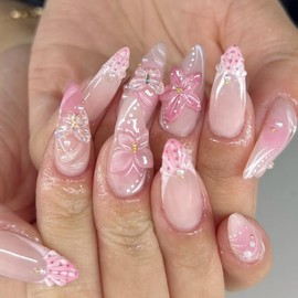24Pcs Pink French Press on Nails Short Almond Handmade Fake Nails Nude False Nails with 3D Pearl Butterfly Flowers Designs Full Cover Summer Acrylic Crystal Nails for Women DIY Manicure
