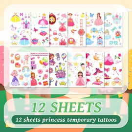 EMOME 130 Styles Princess Temporary Tattoos for Girls, Pricess Tattoos Temporary for Kids Pink Party Decorations, Princess Party Favors Supplies Goodie Glift Bags Games (12 Sheets)