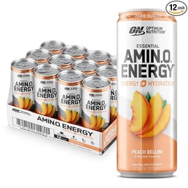 Optimum Nutrition Amino Energy Sparkling Hydration Drink, Electrolytes, Caffeine, Amino Acids, BCAAs, Sugar Free, Berry Burst, Juicy Cherry, Orange Blast, Peach Bellini, Watermelon, 12 Fl Oz, 12 Pack - Flavor: Peach Bellini