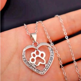 Fashion Jewelry PET PAW DOG CAT HEART ANIMAL LOVE CZ Pendant on 925 Plated Silver 24" Necklace