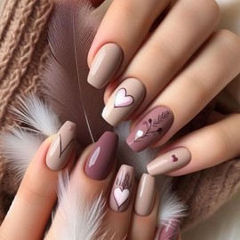 Valentine's Day Press on Nails Medium Coffin Gray Pink False Nails Heart Fake Nails with Heart Feather Design Winter Acrylic Nails Medium Nails Full Cover Glue Stick on Nails for Women 24 pcs