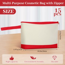 Silkfly 15 Pcs Cotton Canvas Makeup Bags Canvas Cosmetic Zipper 10.2 x 5.5 x 2 Inches Blank DIY Pouch Bag Bulk with Bottom Pencil Case Travel Toiletry Pouch for Women (Beige and Red)