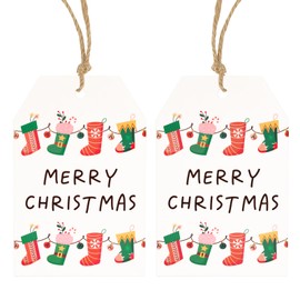 joycraft 50Pcs Merry Christmas Gift Tags with String, 3.3x2.1 Inch Christmas Name Tags, Winter Holiday Tags, Christmas Stock Kraft Paper Tags, Christmas Tree Tags for Xmas Party, Gift Wrap, DIY Crafts