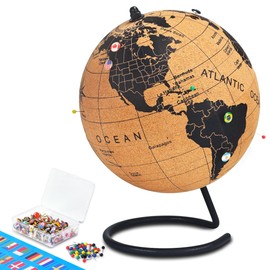 7" Cork Globe with 100 National Flag Pins & 50 Colored Push Pins – World Map with Rotating Stand – Pin Board for Travel Tracking, Home or Office Decor – Gift for Couples & Families(DH-DQY-180)