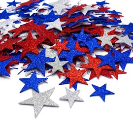 200 Pcs Glitter Star Stickers Patriotic Decoration Self Adhesive Star Shape Glitter Foam Sticker for 4th of July Decor Kid's Arts Craft Supplies Greeting Cards Homemade Crafts Red Blue Silver