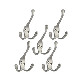QCAA Coat Hat Hook with Three Prongs, 4", Zinc Die Cast, Satin Nickel, 5 Pack, Made in Taiwan