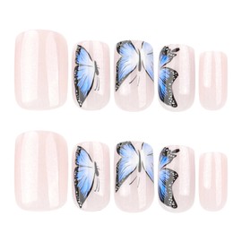 Square Press on Nails Short Fake Nails with Designs Butterfly Stick on Nail Blue French Acrylic False Nail Glossy Artificial Nail Full Cover Glue on Nails for Women 24Pcs