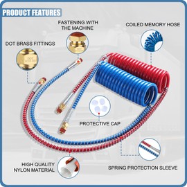 Ailbiuko Semi Truck Air Brake Line Hose Coil Assembly Coiled Set Airline Kit Blue Red Pigtail Air Hose for Tractor Trailer,1/2" NPT DOT Fittings (15' Length x 40" Tractor Lead)