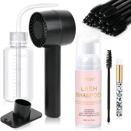 EMEDA Lash Shampoo Kit 2.02 fl oz Lash Cleaning Kit with Rechargeable Fan Dryer/Brush/Rinse Bottle, Oil-free Cleanser Wash for Extensions & Clusters & Natural Lashes, Cleaner for Eyelash Care(Black)