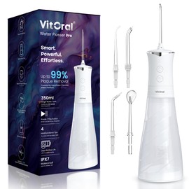 Vitoral Professional Cordless Water Flosser for Teeth & Gum Health | Premium IPX7 Waterproof Oral Irrigator & Plaque Remover | Deep-Clean Dental Jet with 4 Smart Modes, 350ml Home & Travel (White)