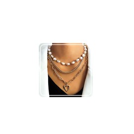 Gold Layered Necklaces Pearl Chunky Gold Statement layered Paperclip Adjustable Layering Chain Choker Necklace Jewerly Set for Women (Heart-2)