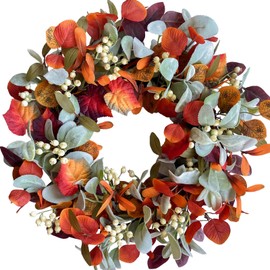 Egolot 22 Inch Fall Front Door Wreath with Eucalyptus Lamb Ears Leaves and Berries, Autumn Fall Leaves Wreath with White Berries for Indoor and Outdoor, Festival Wreath for Home Decor