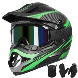 Yesmotor Youth Dirt Bike Helmet Quick Release Buckle - Dirt Bike Helmets for Kids 8-14, Youth ATV Helmet (Gloves Goggles Mask) 4Pcs Set - DOT Approved（Green,S）