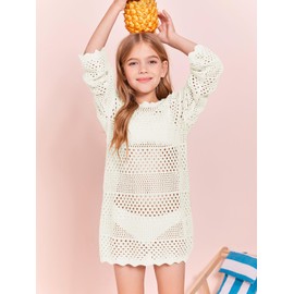 Batermoon Girls Crochet Long Sleeve Swimsuit Cover Up Kids Fashion Hollow Out Swimwear Beach Dress 5-14 Years
