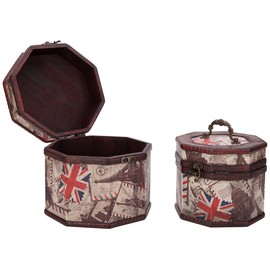 THY COLLECTIBLES Vintage Style World Sceneries Pattern Wooden Octagon Jewelry Treasure Box Storage Organizer Trinket Keepsake Chest Set of 2