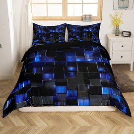Black Navy Blue Duvet Cover Modern Geometric Comforter Cover Gradient Neon Cubes Single Bedding Sets for Boys,Abstract Square Grid Bed Set Geometry Lattice Wall Brick Decor