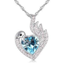 Bungsa® Dove Blue Brilliant Heart Silver Tone Pendant 45 cm – Dove with Blue and Clear Crystal – Women's Necklaces Women Chain Heart Necklace Crystals silver heart peace