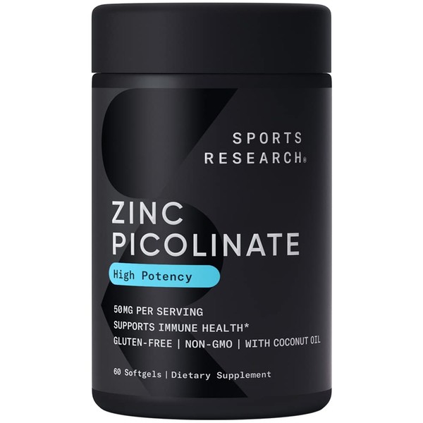 Sports Research Zinc Picolinate 50mg with Organic Coconut Oil | Highly Absorbable Zinc Supplement for Healthy Immune Function - Non-GMO Verified, Gluten & Soy Free (60 Liquid Softgels)