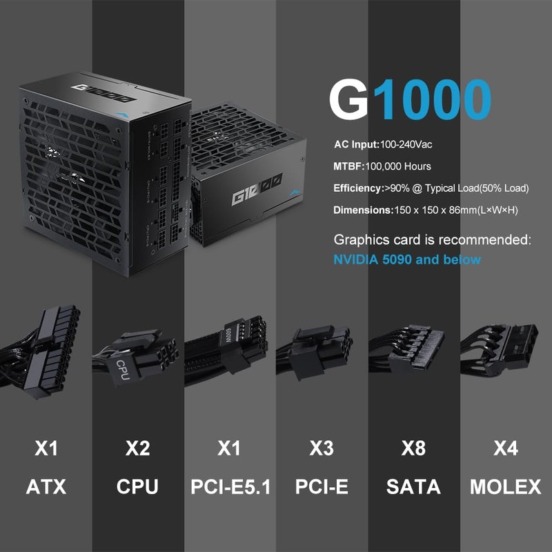SAMA G1000 Fully Modular Power Supply, 1000W 80 Plus Gold