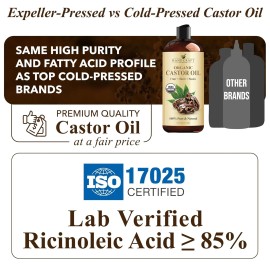 100% Pure Premium Organic Castor Oil 100% Pure and Hexane-Free Cold-Pressed Beauty 16 fl.