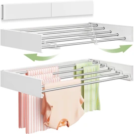 Vikaqi Wall Mounted Clothes Drying Rack 32", Foldable Wall Mount Laundry Rack Folding Indoor, Drying Rack Clothing Collapsible, Hidden Space Saver with Wall Template, 5 Rods, White