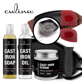 Culina Cast Iron Soap Conditioning Oil Stainless Scrubber Restoring Scrub Handle and Scrapers | All Natural Ingredients | for Cast Iron Cookware, Skillets, Pans (color may vary)