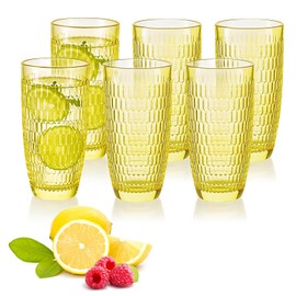 CREATIVELAND Highball Beverage Glasses Set of 6 Romantic Colored Thick & Heavy Base Big Capacity 14.87oz|440ml, Drinking Glass Tumblers for Iced Tea, Water, Soda & Juice and Cocktails (Yellow)