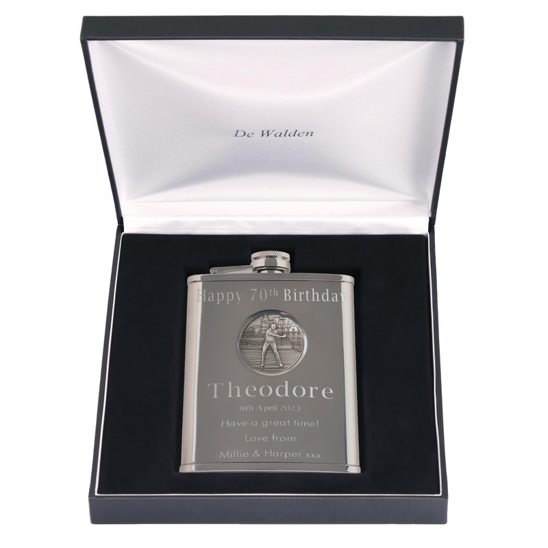 70th Birthday Engraved Hip Flask Golfer Feature in Gift Box