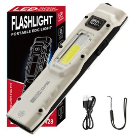 EDC Tactical Flashlight, Flat Flashlights Rechargeable,Dual-Switches LED Small Flashlight with Digital Display,Stainless Steel 13 Modes Pocket Flash Light for Home, Camping,and Emergency Use(Beige)