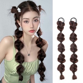 2 PCS Bubble Braided Ponytails Hair Extensions Synthetic Braid Wig with Elastic Hair Band Hairpieces for Women Girls DIY Daily Wear Hair Accessories (Dark brown)