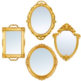 Beeveer 4 Pcs Vintage Gold Mirrors Set Including Small Oval Wall Mirror Antique Shield Shape Square Decorative Mirror Dresser Mirrored Tray for Bedroom Wedding Victorian Decor (Classic,Gold)