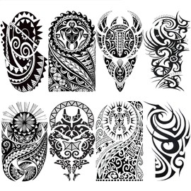 Tribal Totem Temporary Tattoo Men, Large Black Hawaii Turtle Polynesian Fake Tattoo For Men Adult, Long Lasting Realistic Big Tribal Temp Tatoo Sticker Boy Teen Chest Half Arm Body Art Makeup, 8-Sheet