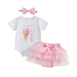 BeQeuewll Baby Girl Birthday Outfit Sweet One Ice Cream Letter Print Romper+Tulle Tutu Skirt+Headband 3Pcs 1st birthday dress, Sweet One, 6-12 Months
