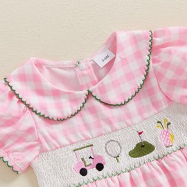Filgriox Baby Girl Smocked Bubble Romper Golf Embroidery Short Sleeve Peter Pan Collar Bodysuit Newborn Summer Clothes (Pink, 3-6 Months)