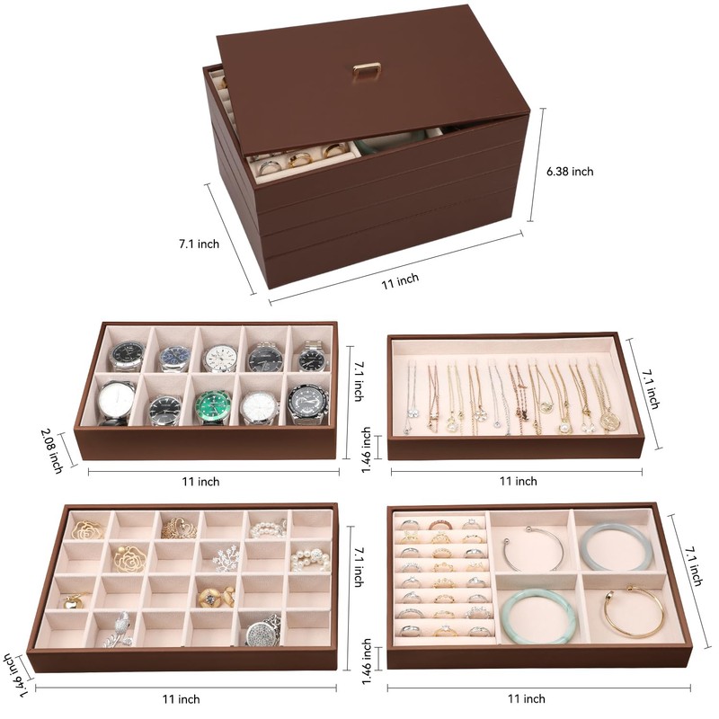 Voova Stackable Jewelry Organizer Tray with Lid, PU Leather Jewelry